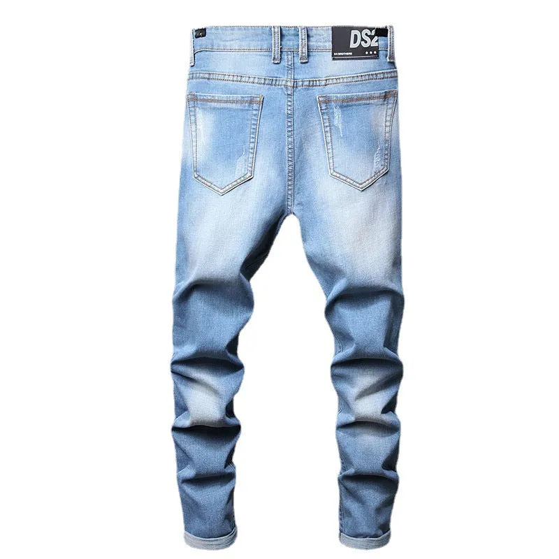 Casual Straight Pants With Embroidery Men's Ripped Jeans