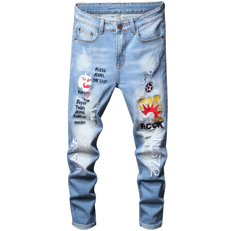 Casual Straight Pants With Embroidery Men's Ripped Jeans
