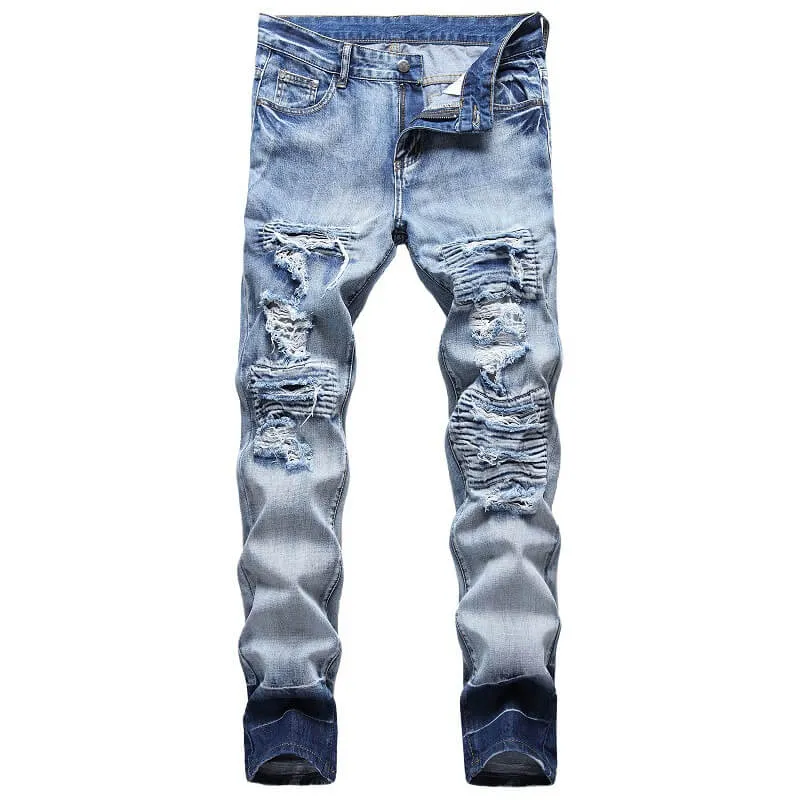 Men's Ripped Jeans Ground White Jeans Mid Waist Straight Pants